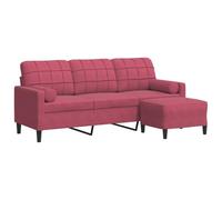 vidaXL Sofá de 3 plazas con Taburete de Terciopelo Rojo Tinto 180 cm