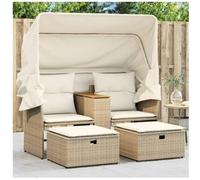 vidaxl Sofá de jardín 2 plazas con toldo y taburetes ratán PE beige