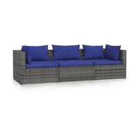 vidaXL Sofá de Jardín con Cojines, Asiento Impermeable con Respaldo, Sofá Modular, Mueble para Patio, Ratán Sintético Gris 3 Plazas
