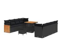vidaXL Sofá de Jardín de 11 Piezas con Cojines Negros de Ratán y Acacia | Diseño Modular, Resistente al Clima y con Patas Ajustables para Superficies Irregulares, Ideal para Pasar Tiempo al Aire Lib