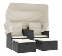 vidaXL Sofá de Jardín de 2 Plazas con Toldo y Taburetes, Asiento Exterior, Sofá Biplaza, Mueble para Patio Terraza Balcón, Ratán PE Negro