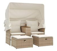vidaXL Sofá de Jardín de 2 Plazas con Toldo y Taburetes, Asiento Exterior, Sofá Biplaza, Mueble para Patio Terraza Balcón, Ratán PE Beige