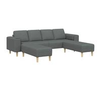 Sofá Gris Oscuro de 4 plazas con otomano. Tiene Tela Suave, Mide 250 x 188 x 76 cm, y Sus Patas Son cónicas con Acabado Mate. Es Transpirable, Ideal para Interiores. Los reposabrazos Son Planos y tra