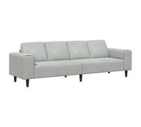 Sofá gris claro de 4 plazas en terciopelo suave, ajustable en altura, con patas cónicas. Respaldo terminado y superficie suave. Medidas: 250 x 77 x 76 cm. Estructura de madera tratada con acabado mat