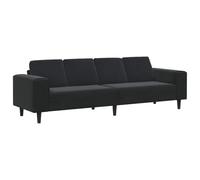 Sofá moderno de terciopelo negro para 4 personas con superficie de contrachapado azul. Tiene un espaldar plano, descansabrazos y patas cónicas. Acabado mate y estructura de madera ingeniada. Tamaño:
