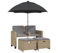 vidaXL Sofá jardín 2 plazas con sombrilla y taburetes ratán PE Beige, sofá de Exterior, loveseat de jardín, sofá de jardín de Dos plazas