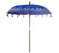 vidaXL Sombrilla de jardín Azul 210-220 cm, plegable, ideal para exteriores. Resistente al agua, estilo balinés, hecha de algodón y madera maciza. Acabado lijado a mano, ajuste manual. Poste de 3.8 c