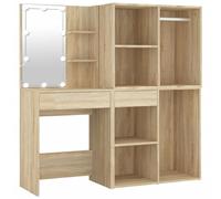 vidaXL Tocador con LED y 2 Armarios Mueble Mesa Maquillaje Vestidor Joyas Cosmético Espejo Almacenamiento Luces Madera Contrachapada Color Roble