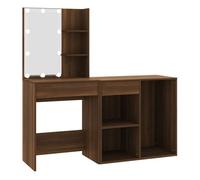 vidaXL Tocador LED y Armario Mueble Espejo Mesa Maquillaje Cajones Almacenamiento Bombillas Dormitorio Madera Contrachapada Marrón Roble
