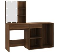 vidaXL Tocador LED y Armario Mueble Espejo Mesa Maquillaje Cajones Almacenamiento Bombillas Dormitorio Madera Contrachapada Marrón Roble