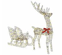 vidaXL Trineo tirado por Reno cálido 70 x 26 x 128,5 cm Ratán, Decoración Moderna y Festiva, Figura de Reno, decoración de Trineo, luz LED, colección de Vacaciones