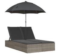 vidaXL Tumbona Doble con Cojines y sombrilla ratán sintético Gris, Tumbona, Cama de día de Exterior, Cama de día de jardín, Tumbona de Exterior