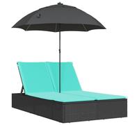 vidaXL Tumbona Doble con Cojines y sombrilla ratán sintético Negro, Tumbona, Cama de día de Exterior, Cama de día de jardín, Tumbona de Exterior
