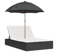 vidaXL Tumbona Doble con Cojines y sombrilla ratán sintético Negro, Tumbona, Cama de día de Exterior, Cama de día de jardín, Tumbona de Exterior