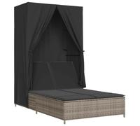 vidaXL Tumbona Doble con Techo y Cortinas ratán sintético Gris, Tumbona, Cama de día de Exterior, Cama de día de jardín, Tumbona de Exterior