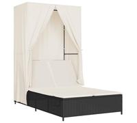 vidaXL Tumbona Doble con Techo y Cortinas ratán sintético Negro, Tumbona, Cama de día de Exterior, Cama de día de jardín, Tumbona de Exterior