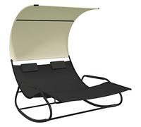 vidaXL Tumbona Mecedora Doble con Toldo Reclinable Hamaca Cama de Salón Diván Asiento Jardín Patio Terraza Balcón Muebles Exterior Negro y Crema