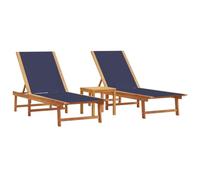 vidaXL Tumbonas 2 uds con Mesa Madera Maciza Acacia y textileno Azul, Tumbona de Exterior, Cama de día de Exterior, Chaise Longue de Exterior