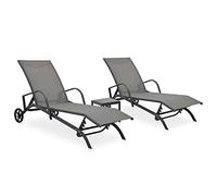 vidaXL Tumbonas 2 Unidades con Mesa Juego Cama Exteriores Terraza para Tomar el Sol Relajarse Asiento y Respaldo con Ruedas Textilene y Acero