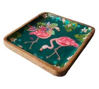 Vide Poche Décoratif en Bois Carré 20 x 20 cm - Coupelle Design Flamant Rose - Plateau Bois & Résine - Bol Décoratif Moderne pour Entrée Salon Salle de Bain - Objet Déco Maison pour Clés, Bijoux