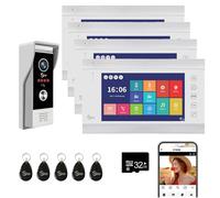 Vídeo Portero, cámara de vídeo WiFi con Monitor de 7 Pulgadas, Timbre con Cable con 1080P, admite Entrada de Tarjeta y detección de Movimiento, Audio bidireccional (1 Timbre+4 Monitor)