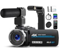 Videocámara 4K 80MP para YouTube, cámara web de 30 FPS, visión nocturna, cámara de vlogging, zoom digital 18X 3,0 270° IPS pantalla con tarjeta SD, 2 baterías, mando a distancia y estabilizador de