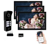 Videoportero con cable para apartamentos 3 unidades Videoportero con monitor táctil de 10 pulgadas, Kit de videoportero inalámbrico,Desbloqueo con tarjeta IC para (1 timbre negro+3 monitor negro)