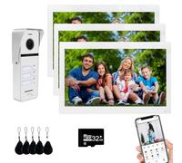 Videoportero con cable para apartamentos 3 unidades Videoportero con monitor táctil de 10 pulgadas, Kit de videoportero inalámbrico,Desbloqueo con tarjeta IC para (1 timbre blanco+3 monitor blanco)