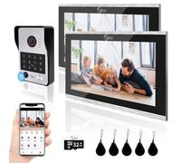 Videoportero con cable Sistema de intercomunicación de apartamentos,Monitor táctil de 10 pulgadas,Cámara HD 1080P Timbre,Huella dactilar,Tarjeta RFID,Desbloqueo por contrase (1 Timbre+2 Monitor)