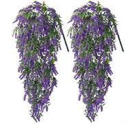 Vides artificiales colgantes de lavanda para decoración de interiores y exteriores, paquete de 2, decoración del hogar, jardín, boda, plástico y espuma, ligeras y de bajo mantenimiento (morado)