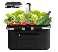 VIDETOL Cesta de la compra plegable, 40 x 25 x 23 cm, bolsa isotérmica, cesta de pícnic, grande, color negro, con tapa y asa de aluminio para compras, picnic, camping