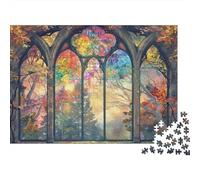 Vidriera Colorida Estilo gótico con Vista al Bosque. Rompecabezas de 1000 Piezas para Adultos. El desafío Imposible para el Desarrollo Cerebral. 70x50cm/1000 Piezas.
