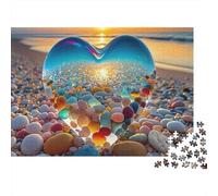 Vidrio en Forma de Corazón Rompecabezas de 1000 Piezas Regalo para Adultos Vista de Atardecer en Playa de Gema de Corazón Brillante Robusto Desafiante Alivio de Estrés 52x38cm/1000pzs