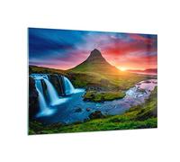 Vidrios decorativos 100x70cm Cuadro Sobre Vidrio Moderno Puesta de sol cascada islandia volcán Grande Cuadros Pared Impresiones Decoracion Salon Impresión en Cristal Wall Art Prints GAA100x70-2963