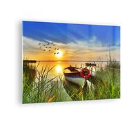 Vidrios decorativos Barco lago puesta del sol verano la gente Cuadro Sobre Vidrio Moderno 70x50cm Decoracion Salon Cocina Cuadros Pared Impresiones Impresión en Cristal Wall Art Prints GAA70x50-3053