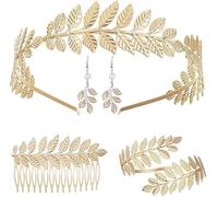 VIDSTW 5 Piezas Disfraz Diosa Griega Mujer Bisuteria Mujer Mitologia Griega Accesorios Incluir Pendientes Dorados Fiesta, Pulseras, Diadema Dorada, Peinetas Disfraz Romana (A)