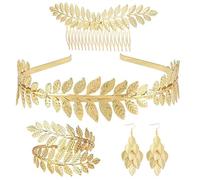 VIDSTW 5 Piezas Disfraz Diosa Griega Mujer Bisuteria Mujer Mitologia Griega Mujer Accesorios Incluir Pendientes Dorados Fiesta, Pulseras, Diadema Dorada, Peinetas Disfraz Romana Mujer (B)
