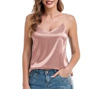 VIDUSSA Camiseta sin mangas con cuello en V para mujer, de satén, de verano, informal, sin mangas, rosa, S