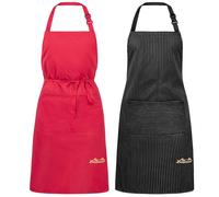 Viedouce 2 pack Delantales Impermeables Ajustables del Cocinero con Bolsillo Cocina Delantale para Mujeres Hombres, Delantal Chefs Cocina para Hornear,Negro a rayas & Rojo