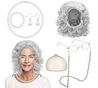ViEinkaufen Juego de 7 piezas de disfraz de anciana, peluca gris para abuela, kit de disfraz de abuela con peluca de abuela, lentes, accesorios de cadena, pelucas de abuela para Halloween, cosplay