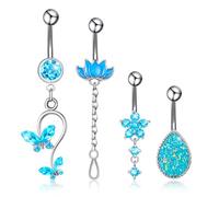 ViEinkaufen Piercing para ombligo de acero inoxidable de 14 g, 4 unidades, largo con circonita cúbica azul, mariposa, flores, lágrima, loto, ombligo, joyería para mujeres y niñas