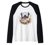 Viejo perro pastor inglés verano flores silvestres Camiseta Manga Raglan