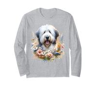 Viejo perro pastor inglés verano flores silvestres Manga Larga