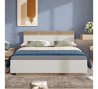 VIEKOS Cama doble 205 x 184 x 90,5 cm, cama flotante de madera con cabecero de estructura de cama y somier de láminas en roble Sonoma/blanco (sin colchón)