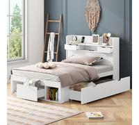 VIEKOS Cama infantil de 90 x 190 cm, cama individual, multifuncional, con puerto USB y cajón, gran espacio de almacenamiento, sin colchón, color blanco