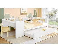 VIEKOS Cama plana, 140 x 200 cm, cama de madera, con escritorio, cama plegable, cama doble (sin colchón), con estantes, pino+tablero de partículas, blanco