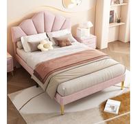 VIEKOS Cama tapizada de terciopelo para cama de matrimonio, 140 x 190 cm, en forma de concha con patas de hierro doradas, cabecero ajustable, somier de listones de madera, color rosa