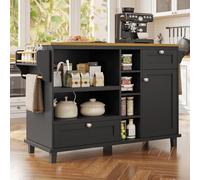 VIEKOS Carrito de comedor (129 x 46 x 92 cm), moderno y sencillo, negro, portátil, con cajones y armarios de almacenamiento, encimera de madera marrón claro, adecuado para familias modernas