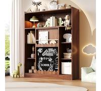 VIEKOS Estantería 120 x 38,5 x 151,5 cm con pizarra, puertas correderas y bandeja para libros de imágenes, 9 estantes abiertos con gran espacio de almacenamiento, color nogal