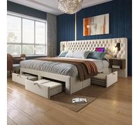 VIEKOS Juego completo de cama para dormitorio, cama doble tapizada de 180 x 200 cm, con 2 mesitas de noche y 4 cajones, cabecero de luz de lectura con función de carga USB, beige, terciopelo